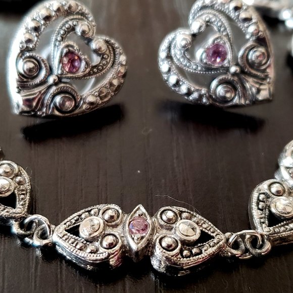 AVON Egyptian Revival Victorian Niello Pink Rhinestone Heart Bracelet & Earrings - Picture 2 of 6